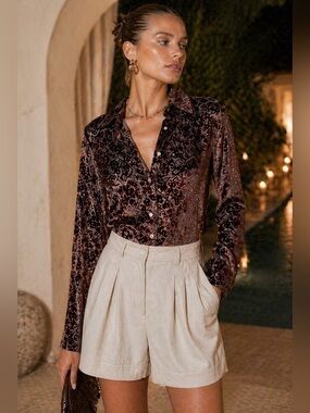 Crushed Burnout Velvet Damask Button-Up Blouse Brown Silk Blend Vintage Size 2